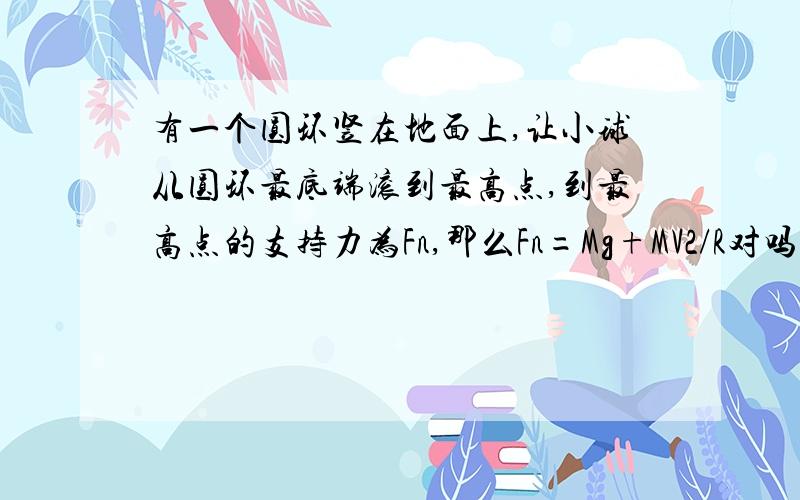 有一个圆环竖在地面上,让小球从圆环最底端滚到最高点,到最高点的支持力为Fn,那么Fn=Mg+MV2/R对吗?在最底端Fn+Mg=MV2/R对吗