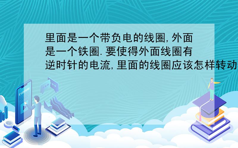 里面是一个带负电的线圈,外面是一个铁圈.要使得外面线圈有逆时针的电流,里面的线圈应该怎样转动!