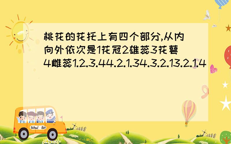 桃花的花托上有四个部分,从内向外依次是1花冠2雄蕊3花萼4雌蕊1.2.3.44.2.1.34.3.2.13.2.1.4