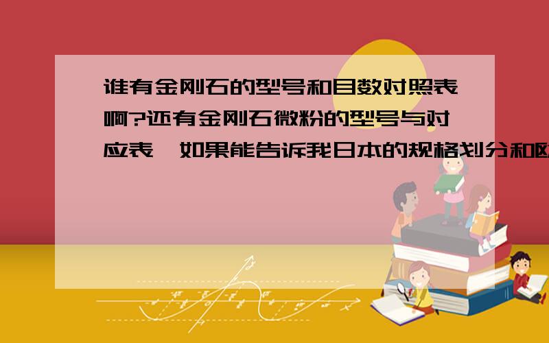 谁有金刚石的型号和目数对照表啊?还有金刚石微粉的型号与对应表,如果能告诉我日本的规格划分和欧美的规格划分跟中国的对照下更感激不尽来了.这个我也不太清楚，应该差不多的吧。