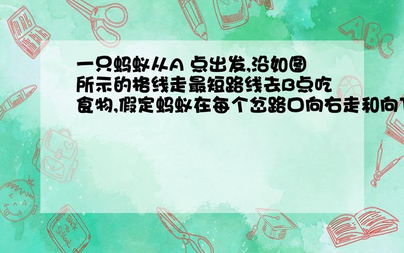 一只蚂蚁从A 点出发,沿如图所示的格线走最短路线去B点吃食物,假定蚂蚁在每个岔路口向右走和向下走的可能性相等,那么他所走的路线经过点C的可能性是（ ）（填一个最简分数） ACB