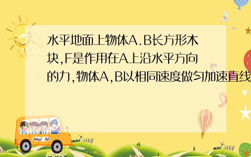 水平地面上物体A.B长方形木块,F是作用在A上沿水平方向的力,物体A,B以相同速度做匀加速直线运动.由此可A,B间的滑动摩擦系数a和B,C间的滑动摩擦系数b有可能是（）,物体A,B叠放在一起 A,a=0,b=0