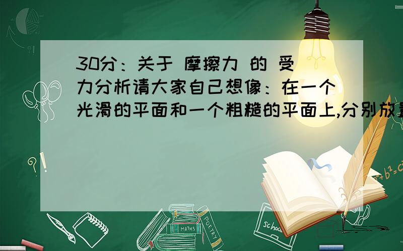 30分：关于 摩擦力 的 受力分析请大家自己想像：在一个光滑的平面和一个粗糙的平面上,分别放置一个一样的木块.在两块木块的一端分别连接一个相同的轻质弹簧.如果用相同的力F去拉着两