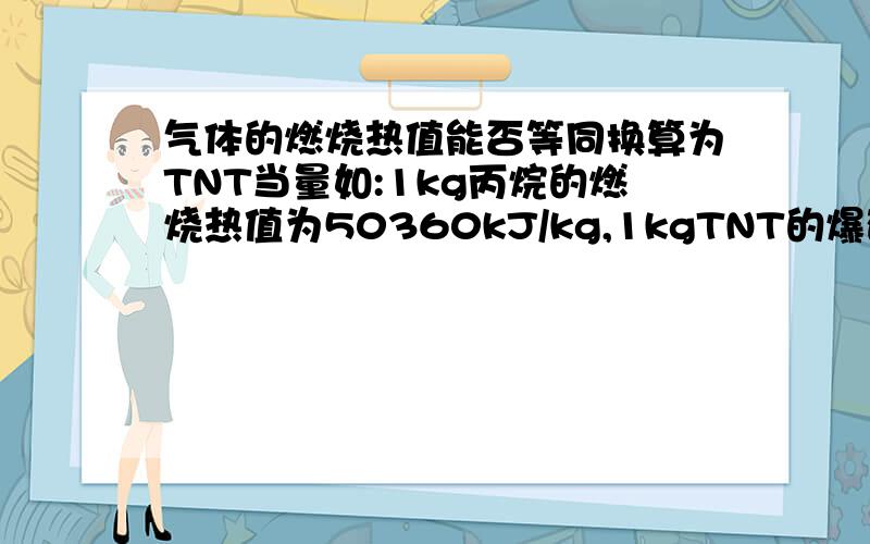 气体的燃烧热值能否等同换算为TNT当量如:1kg丙烷的燃烧热值为50360kJ/kg,1kgTNT的爆破能量为4500kJ/kg.能否认为1kg丙烷爆炸等于10kgTNT的能量.