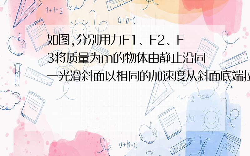 如图,分别用力F1、F2、F3将质量为m的物体由静止沿同一光滑斜面以相同的加速度从斜面底端拉到斜面的顶端,在此过程中,F1、F2、F3做功的功率大小关系是（ ）A．P1=P2=P3 B．P1＞P2=P3 C．P3＞P2＞P1