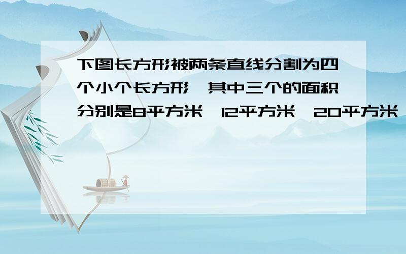 下图长方形被两条直线分割为四个小个长方形,其中三个的面积分别是8平方米,12平方米,20平方米,求另一个（阴影部分）长方形的面积是多少?