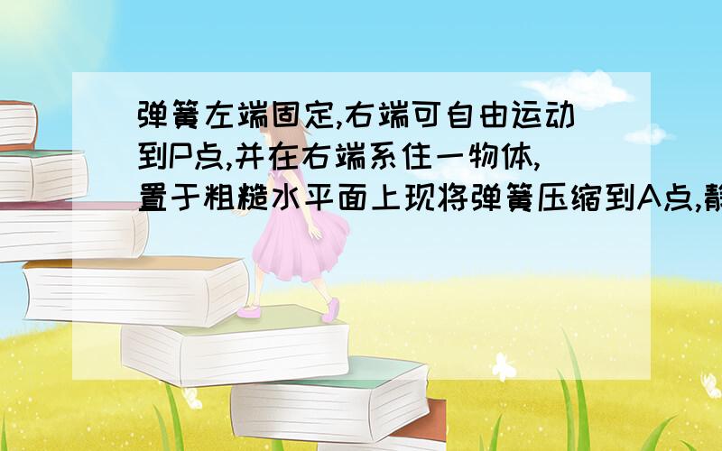 弹簧左端固定,右端可自由运动到P点,并在右端系住一物体,置于粗糙水平面上现将弹簧压缩到A点,静止释放,物块可一直运动到B点.则A物块运动P点时速度最大 B .从A到P加速从P到B减速 C.物块在A