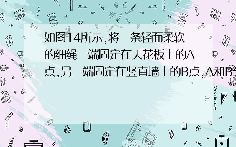 如图14所示,将一条轻而柔软的细绳一端固定在天花板上的A点,另一端固定在竖直墙上的B点,A和B到O点的距离相等,绳长为OA的两倍.滑轮的大小与质量均可忽略,滑轮下悬挂一质量为m的重物.设摩