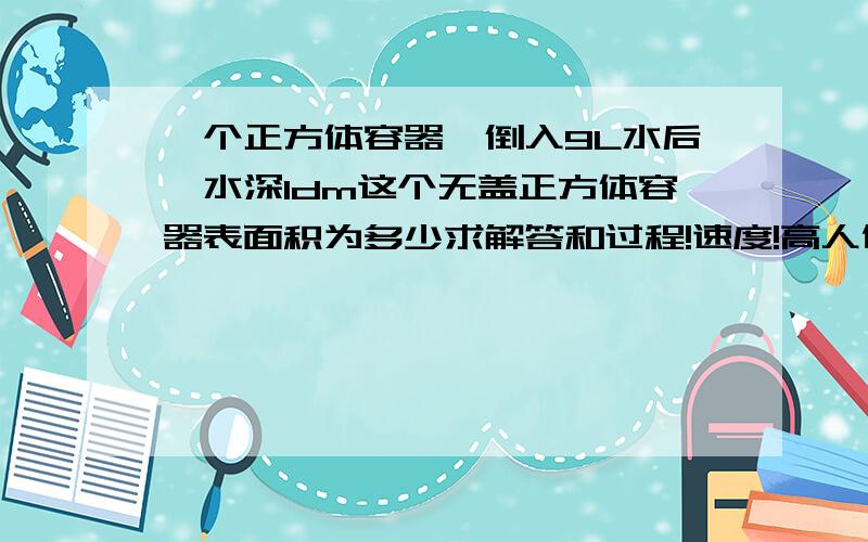 一个正方体容器,倒入9L水后,水深1dm这个无盖正方体容器表面积为多少求解答和过程!速度!高人们