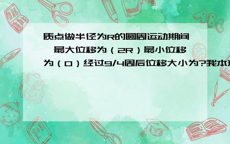 质点做半径为R的圆周运动期间,最大位移为（2R）最小位移为（0）经过9/4周后位移大小为?我本来想算出这个角度是多少360* 9/4算出来是81°不规则的位移怎么算?答案是根号2R