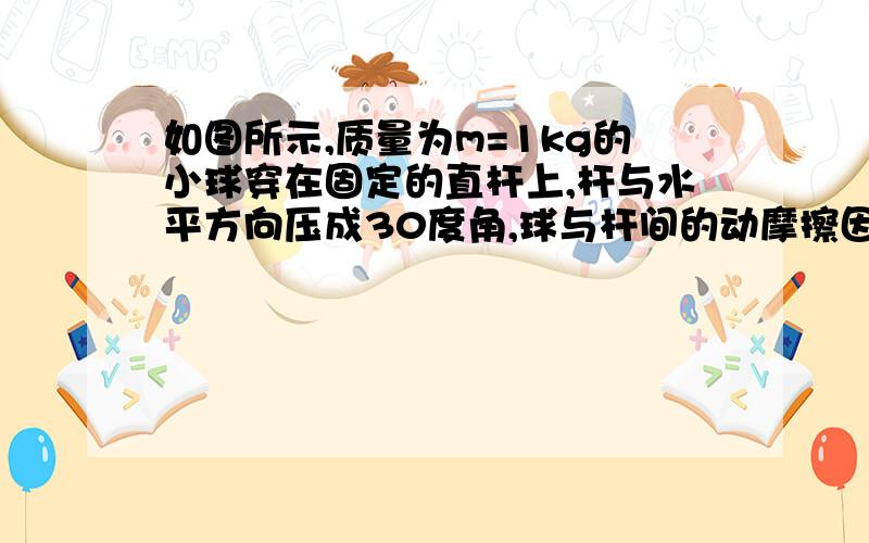 如图所示,质量为m=1kg的小球穿在固定的直杆上,杆与水平方向压成30度角,球与杆间的动摩擦因素u=根号3/6求当小球受到竖直向上的拉力F=20N时1.杆给球的弹力大小和方向?2.小球沿杆上滑的加速度