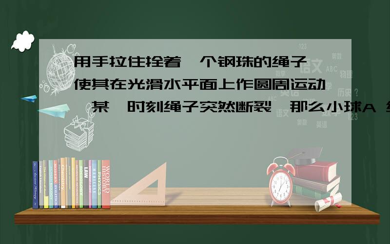 用手拉住拴着一个钢珠的绳子,使其在光滑水平面上作圆周运动,某一时刻绳子突然断裂,那么小球A 继续作圆周运动B 圆周运动速度慢下来C 沿切线方向作直线运动D 立即停止主要是C不太清楚、