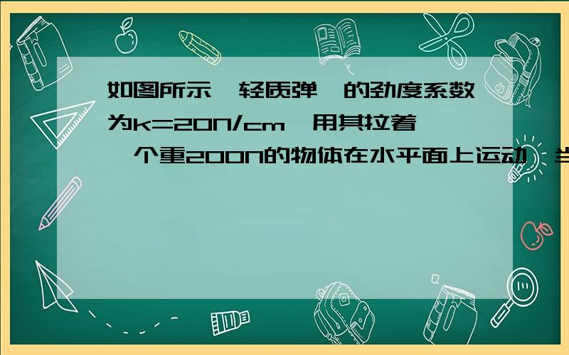 如图所示,轻质弹簧的劲度系数为k=20N/cm,用其拉着一个重200N的物体在水平面上运动,当弹簧的伸长量为4cm时,物体恰在水平面上做匀速直线运动.（1）物体受到弹力的大小（2）物体与地面之间的