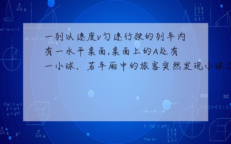 一列以速度v匀速行驶的列车内有一水平桌面,桌面上的A处有一小球．若车厢中的旅客突然发现小球沿如图（俯视图）中的虚线从A点运动到B点．则由此可以判断列车的运行情况是（　　）A．