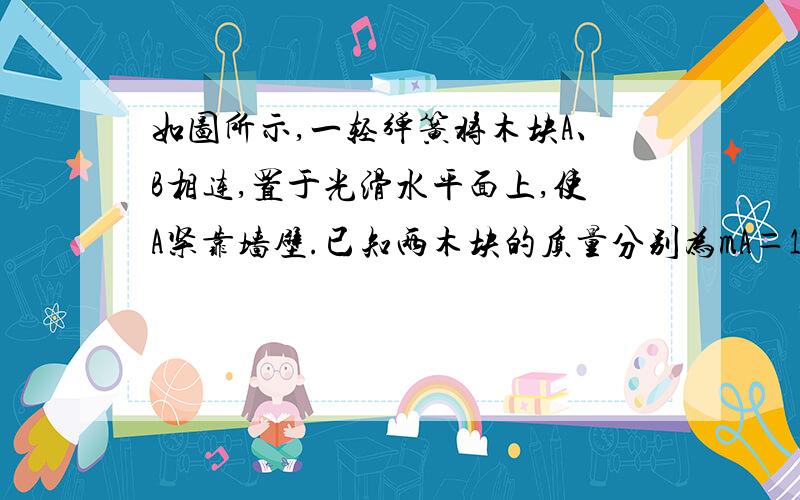 如图所示,一轻弹簧将木块A、B相连,置于光滑水平面上,使A紧靠墙壁.已知两木块的质量分别为mA＝1.0kg,mB＝2.0kg.现用水平外力F向左推B压缩弹簧,平衡后然后突然撤去外力F,测得木块B在以后的运