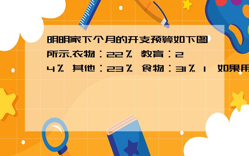 明明家下个月的开支预算如下图所示.衣物：22％ 教育：24％ 其他：23％ 食物：31％ 1、如果用于教育上是支出是360元,请估计他家下个月的总支出和各项开支的大致金额 2、通过上面的统计图