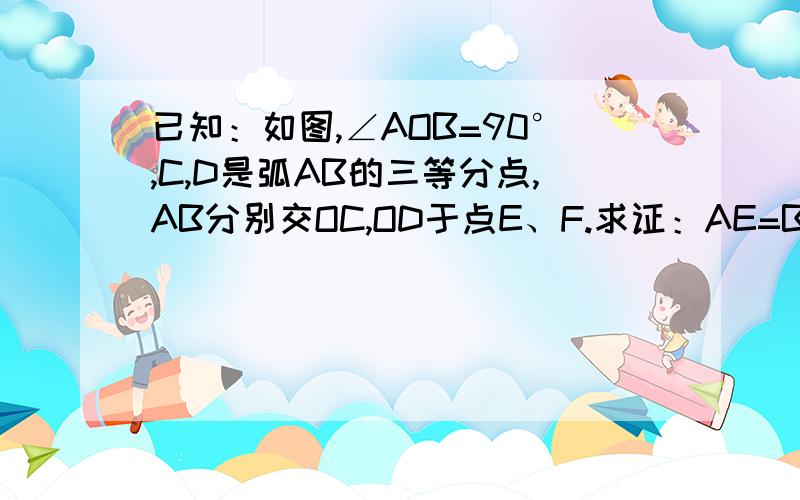 已知：如图,∠AOB=90°,C,D是弧AB的三等分点,AB分别交OC,OD于点E、F.求证：AE=BF=CD