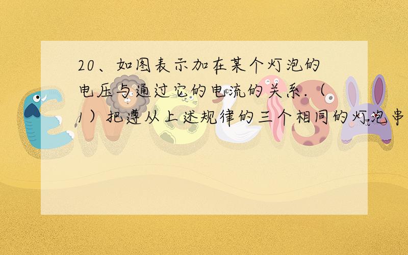 20、如图表示加在某个灯泡的电压与通过它的电流的关系.（1）把遵从上述规律的三个相同的灯泡串联起来,接在电压恒为12伏的电源两端（如图a所示）,求此时每个灯泡的电阻.（2）把其中两