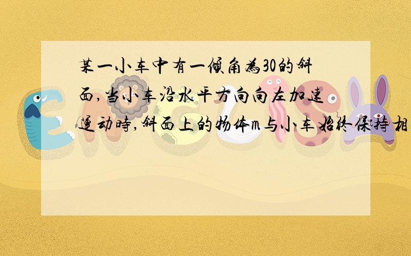 某一小车中有一倾角为30的斜面,当小车沿水平方向向左加速运动时,斜面上的物体m与小车始终保持相对静止（1）若物体m所受的摩擦力为0,则小车的加速度为多大（2）若小车的加速度大小等于