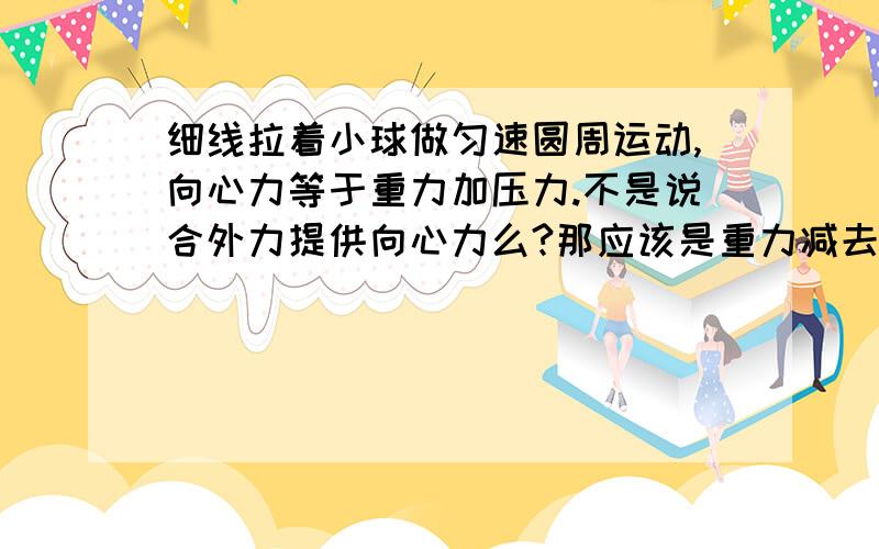 细线拉着小球做匀速圆周运动,向心力等于重力加压力.不是说合外力提供向心力么?那应该是重力减去拉力啊!