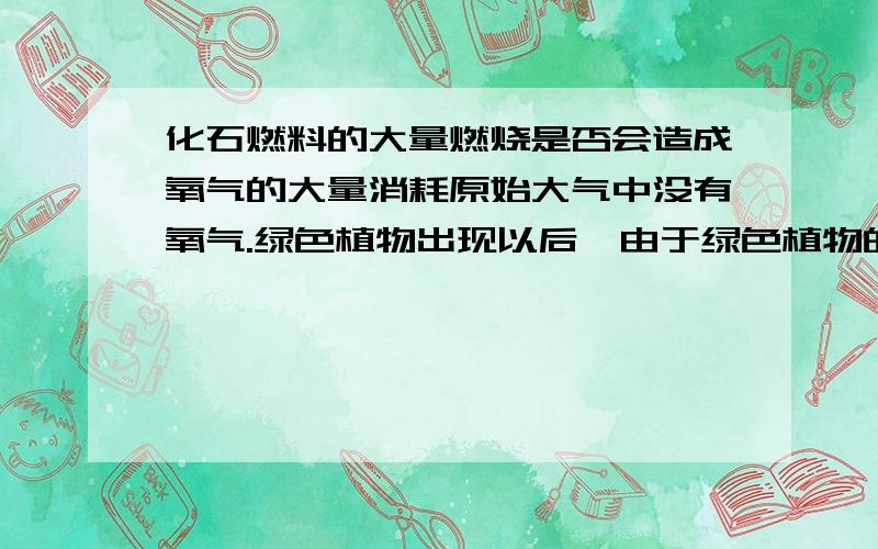 化石燃料的大量燃烧是否会造成氧气的大量消耗原始大气中没有氧气.绿色植物出现以后,由于绿色植物的光合作用,大气中才开始出现了氧气.同时地球上有机物也在大量增加.不过,呼吸作用降