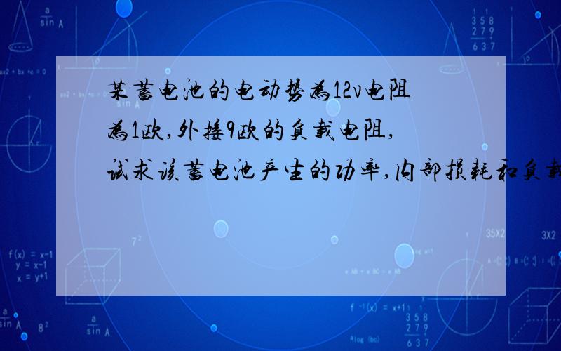 某蓄电池的电动势为12v电阻为1欧,外接9欧的负载电阻,试求该蓄电池产生的功率,内部损耗和负载取用的功率.