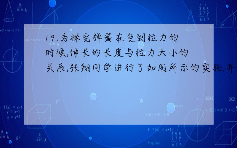 19.为探究弹簧在受到拉力的时候,伸长的长度与拉力大小的关系,张翔同学进行了如图所示的实验,并将实验数据记录在表格中.拉力F/N 0 2 4 6 8 10 12 弹簧L/cm 5 6 7 8 9 9 9①根据实验数据,张翔同学得