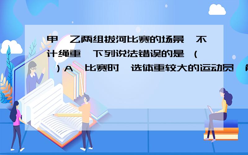 甲、乙两组拔河比赛的场景,不计绳重,下列说法错误的是 （ ）A、比赛时,选体重较大的运动员,能增大对地面的压力B、比赛时,运动员身体后倾,两腿弯曲,可以降低重心C、比赛时,拉力较大的一