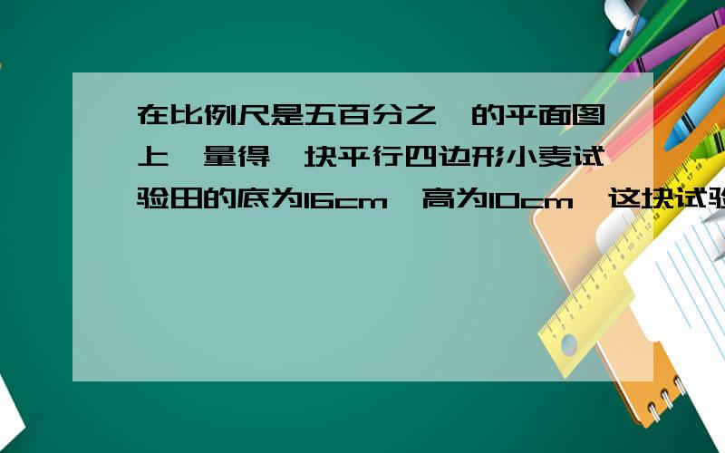 在比例尺是五百分之一的平面图上,量得一块平行四边形小麦试验田的底为16cm,高为10cm,这块试验田的实际面积有多大?