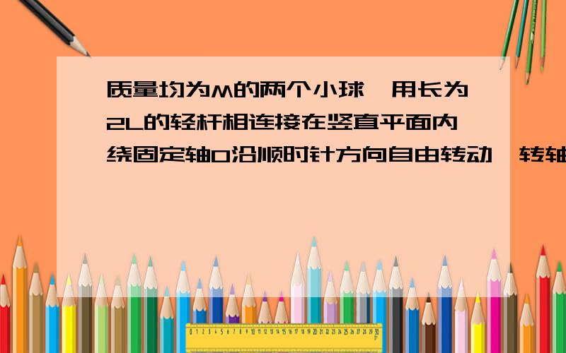 质量均为M的两个小球,用长为2L的轻杆相连接在竖直平面内绕固定轴O沿顺时针方向自由转动,转轴在杆的中点,不计一切摩擦 问;某时刻两球分别位于最高点和最低点,且速度都为V 沿切线方向,判