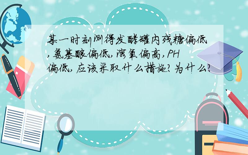 某一时刻测得发酵罐内残糖偏低,氨基酸偏低,溶氧偏高,PH偏低,应该采取什么措施?为什么?