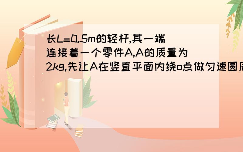 长L=0.5m的轻杆,其一端连接着一个零件A,A的质量为2kg,先让A在竖直平面内绕o点做匀速圆周运动,如图所示,在A通过最高点时,（1）如果A对杆恰好没有作用力,（2）A的速度为4m/s,A对杆的作用力为多