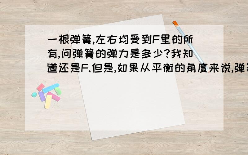 一根弹簧,左右均受到F里的所有,问弹簧的弹力是多少?我知道还是F.但是,如果从平衡的角度来说,弹簧受到向左的弹力F,又收到向右的弹力F,应该弹力为零啊?