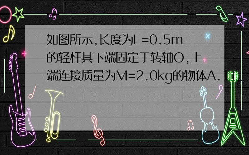 如图所示,长度为L=0.5m的轻杆其下端固定于转轴O,上端连接质量为M=2.0kg的物体A.11、如图所示,长度为L＝0.5m的轻杆其下端固定于转轴O,上端连接质量为M＝2.0kg的物体A,物体A随着轻杆一起绕O点在