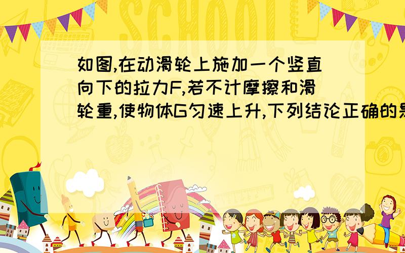 如图,在动滑轮上施加一个竖直向下的拉力F,若不计摩擦和滑轮重,使物体G匀速上升,下列结论正确的是（）A．拉力F的大小只是G一半 　　　　　B．动滑轮下移时,G上升2h C．拉力F的大小等于G