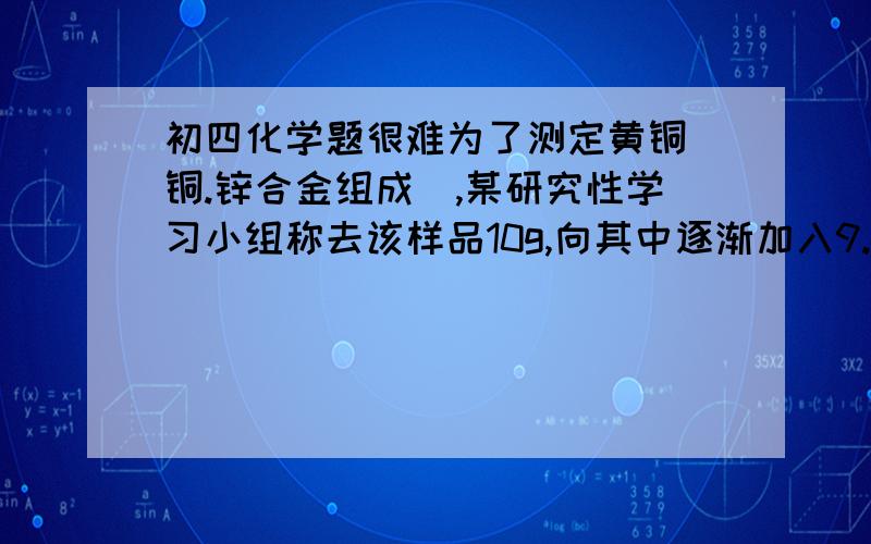 初四化学题很难为了测定黄铜（铜.锌合金组成）,某研究性学习小组称去该样品10g,向其中逐渐加入9.8%的稀硫酸至刚好不再生成气体为止,如下图.（横轴为稀盐酸的质量,纵轴为生成氢气的质量