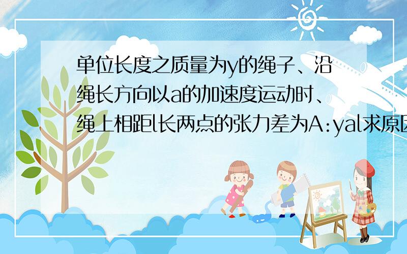 单位长度之质量为y的绳子、沿绳长方向以a的加速度运动时、绳上相距l长两点的张力差为A:yal求原因