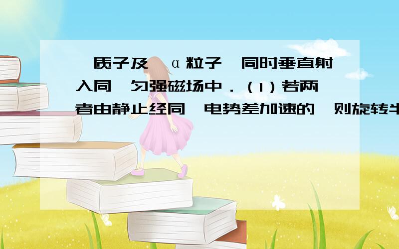 一质子及一α粒子,同时垂直射入同一匀强磁场中．（1）若两者由静止经同一电势差加速的,则旋转半径之比为______；（2）若两者以相同的动进入磁场中,则旋转半径之比为______；（3）若两者