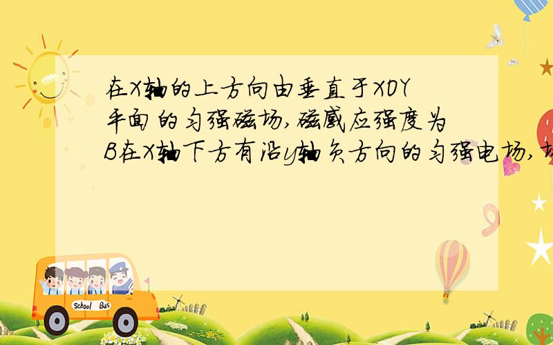 在X轴的上方向由垂直于XOY平面的匀强磁场,磁感应强度为B在X轴下方有沿y轴负方向的匀强电场,场强为E,一质量为m、电量为－q的粒子从坐标原点O沿着y轴正方向射出,射出之后,第三次到达x轴时,