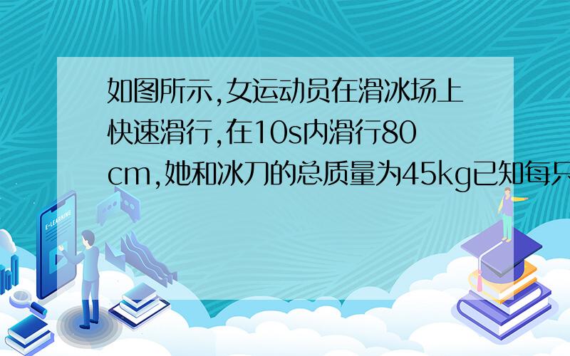 如图所示,女运动员在滑冰场上快速滑行,在10s内滑行80cm,她和冰刀的总质量为45kg已知每只冰刀与冰面的接触面积为15cm²,问：（1）女运动员滑行的平均速度是多大?（2）女运动员在单脚滑行