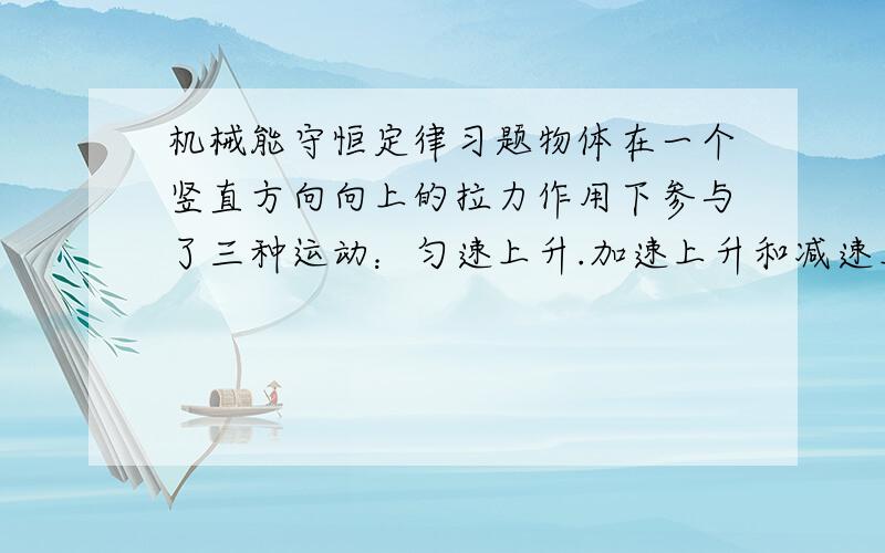 机械能守恒定律习题物体在一个竖直方向向上的拉力作用下参与了三种运动：匀速上升.加速上升和减速上升.关于这个物体在这三种运动中机械能的变化情况如何?