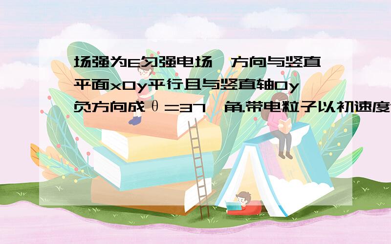 场强为E匀强电场,方向与竖直平面xOy平行且与竖直轴Oy负方向成θ=37°角.带电粒子以初速度7m/s,从原点O沿Ox轴运动,达到A点时速度为3m/s,此时匀强电场方向突然改为竖直向下,而大小不变.粒子又