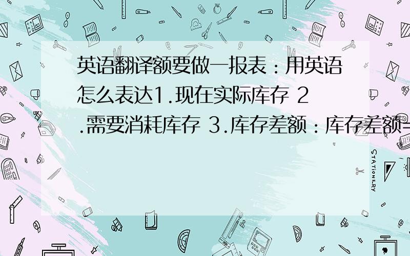 英语翻译额要做一报表：用英语怎么表达1.现在实际库存 2.需要消耗库存 3.库存差额：库存差额=现在实际库存-需要消耗库