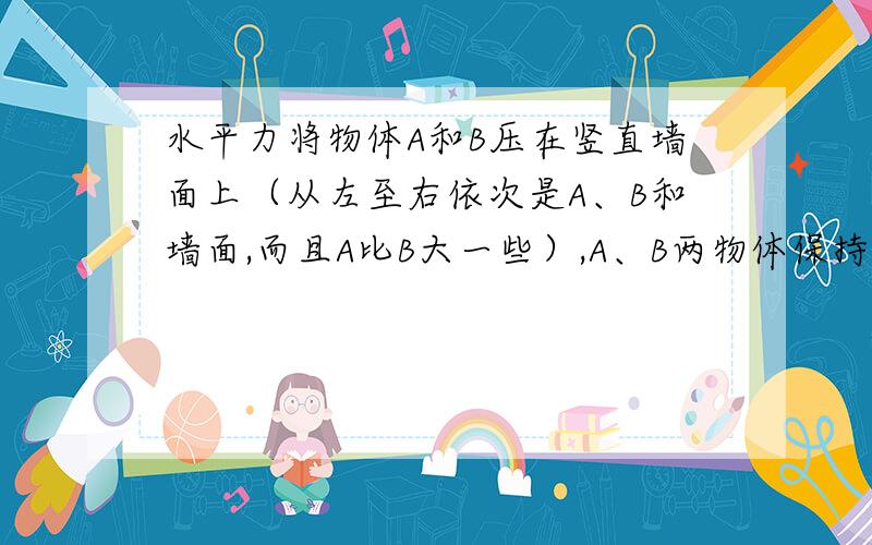 水平力将物体A和B压在竖直墙面上（从左至右依次是A、B和墙面,而且A比B大一些）,A、B两物体保持静止.A、B分别受到哪些力（带分析）?