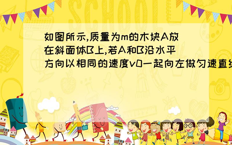 如图所示,质量为m的木块A放在斜面体B上,若A和B沿水平方向以相同的速度v0一起向左做匀速直线运动,则A和B之间的相互作用力大小为A．mg                B．mgsinθ C．mgcosθ         D．0