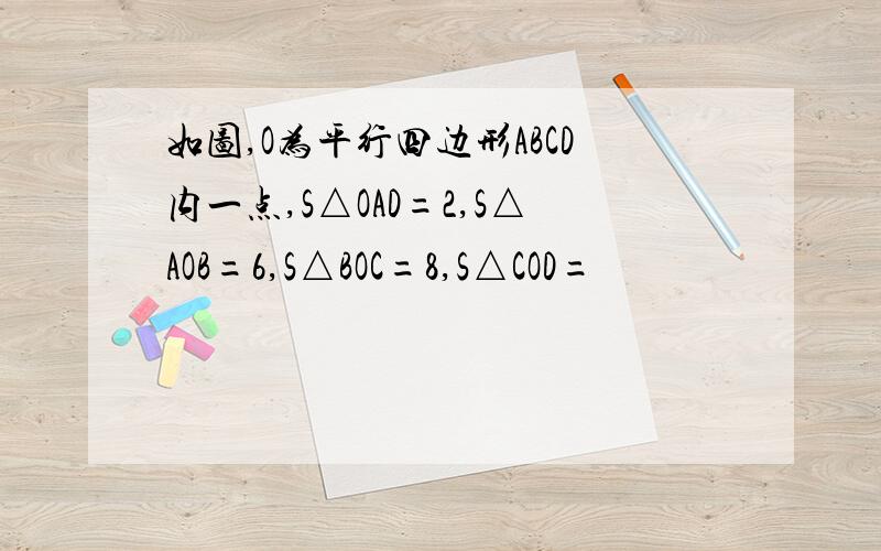 如图,O为平行四边形ABCD内一点,S△OAD=2,S△AOB=6,S△BOC=8,S△COD=