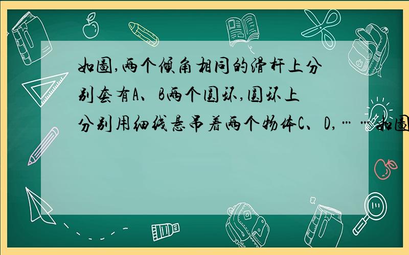 如图,两个倾角相同的滑杆上分别套有A、B两个圆环,圆环上分别用细线悬吊着两个物体C、D,……如图,两个倾角相同的滑杆上分别套有A、B两个圆环,圆环上分别用细线悬吊着两个物体C、D,当它