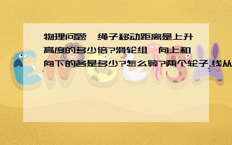 物理问题,绳子移动距离是上升高度的多少倍?滑轮组,向上和向下的各是多少?怎么算?两个轮子，线从定滑轮开始，还有三个轮子的，从定滑轮开始的