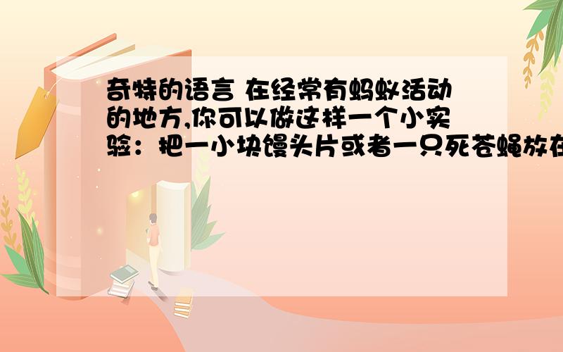 奇特的语言 在经常有蚂蚁活动的地方,你可以做这样一个小实验：把一小块馒头片或者一只死苍蝇放在有蚂蚁来