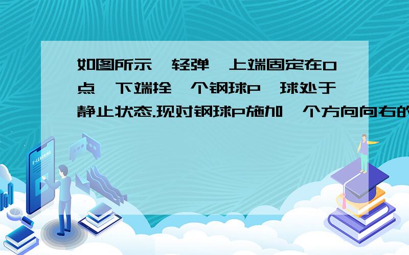 如图所示,轻弹簧上端固定在O点,下端拴一个钢球P,球处于静止状态.现对钢球P施加一个方向向右的水平F,使钢球缓慢偏移.若移动中保持弹簧与竖直方向的夹角a＜90度,且伸长量不超过弹性限度.